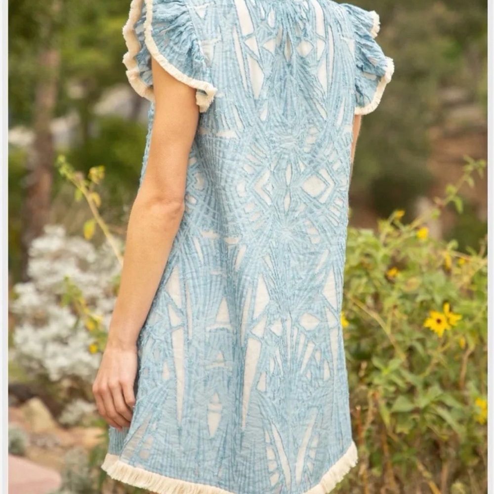 VOY Blue V-Neck Ruffle Sleeve Fringe Burnout Shift Dress Med Boho Cotton Linen - Picture 2 of 8